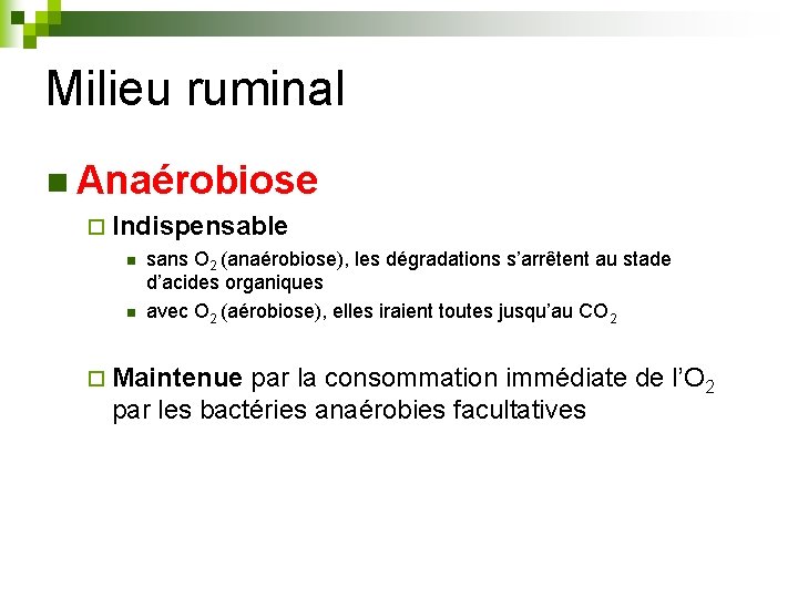 Milieu ruminal n Anaérobiose ¨ Indispensable n n sans O 2 (anaérobiose), les dégradations