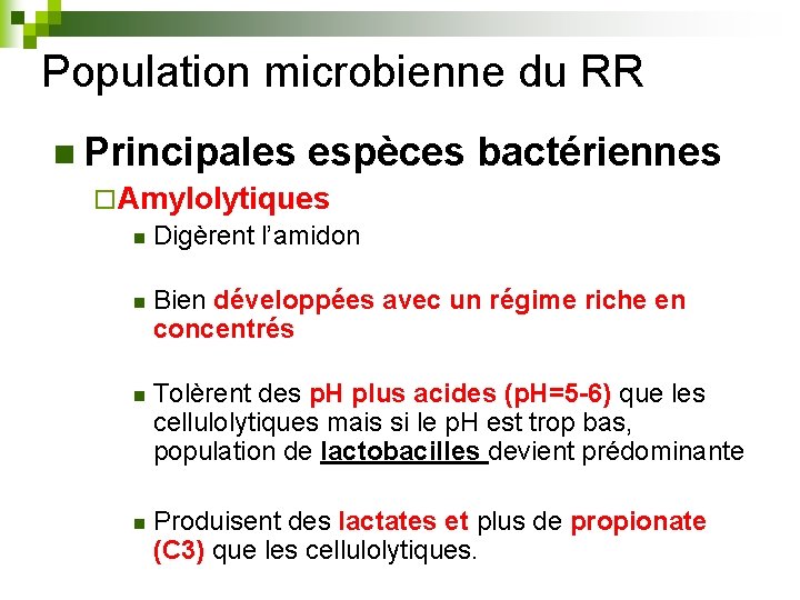 Population microbienne du RR n Principales espèces ¨ Amylolytiques bactériennes n Digèrent l’amidon n