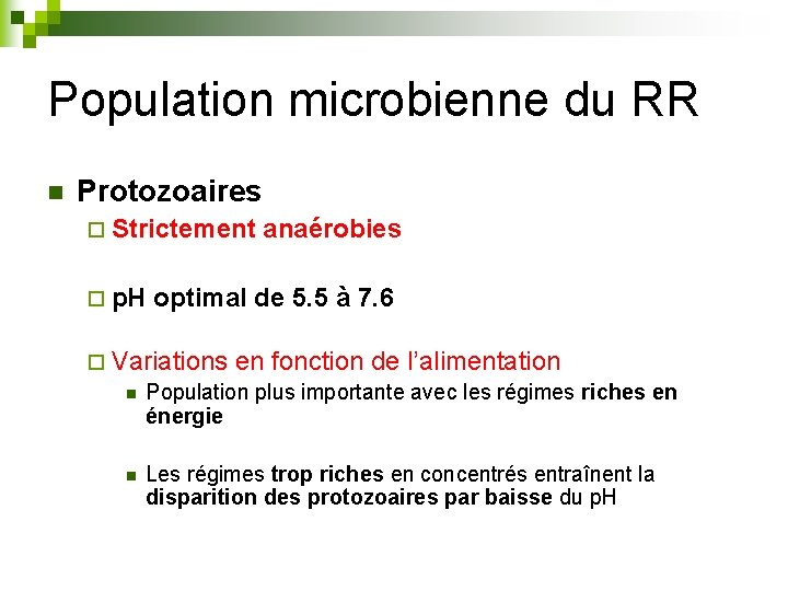 Population microbienne du RR n Protozoaires ¨ Strictement ¨ p. H anaérobies optimal de