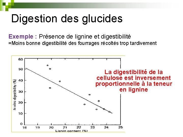 Digestion des glucides Exemple : Présence de lignine et digestibilité =Moins bonne digestibilité des