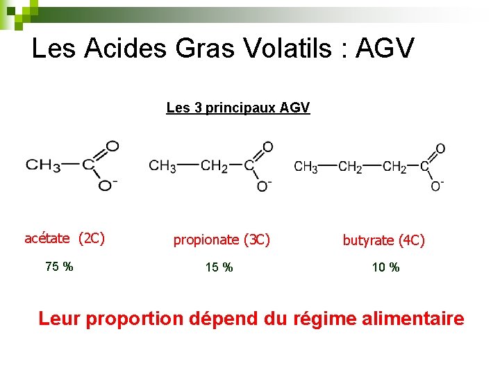 Les Acides Gras Volatils : AGV Les 3 principaux AGV acétate (2 C) 75