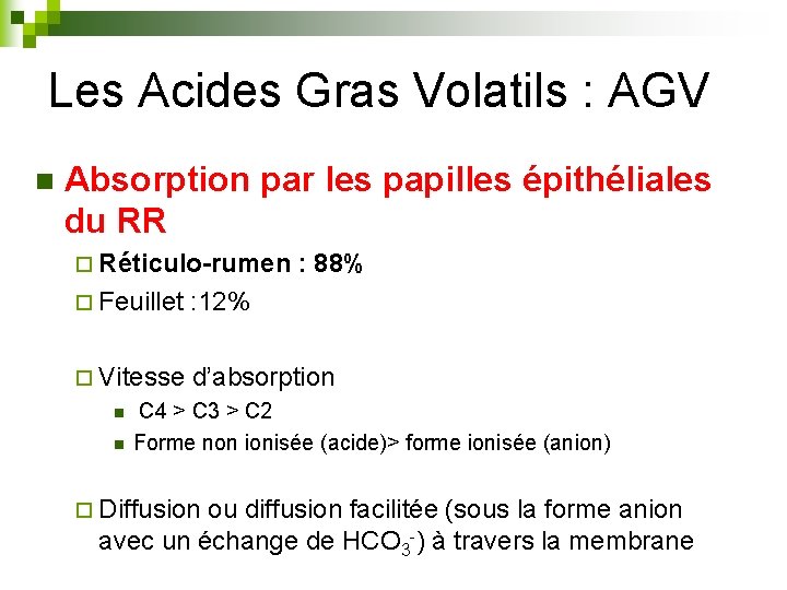 Les Acides Gras Volatils : AGV n Absorption par les papilles épithéliales du RR