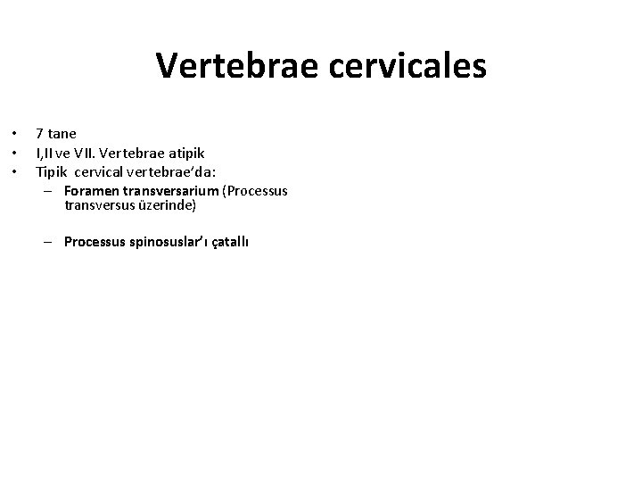 Vertebrae cervicales • • • 7 tane I, II ve VII. Vertebrae atipik Tipik