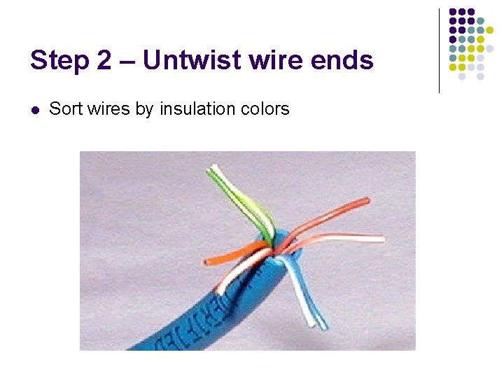 Step 2 – Untwist wire ends l Sort wires by insulation colors 