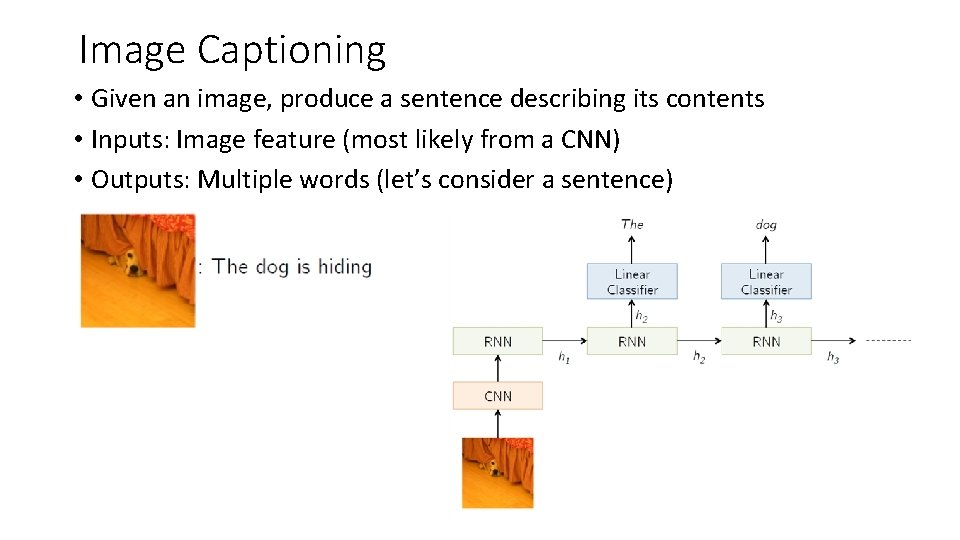 Image Captioning • Given an image, produce a sentence describing its contents • Inputs: