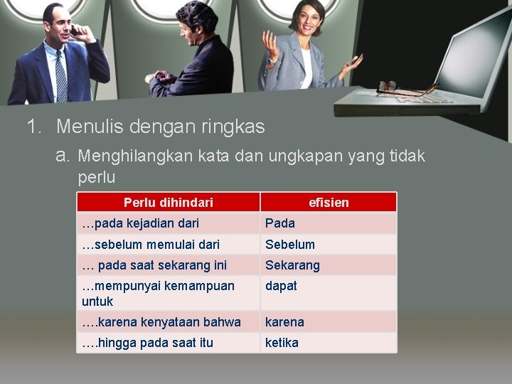 1. Menulis dengan ringkas a. Menghilangkan kata dan ungkapan yang tidak perlu Perlu dihindari