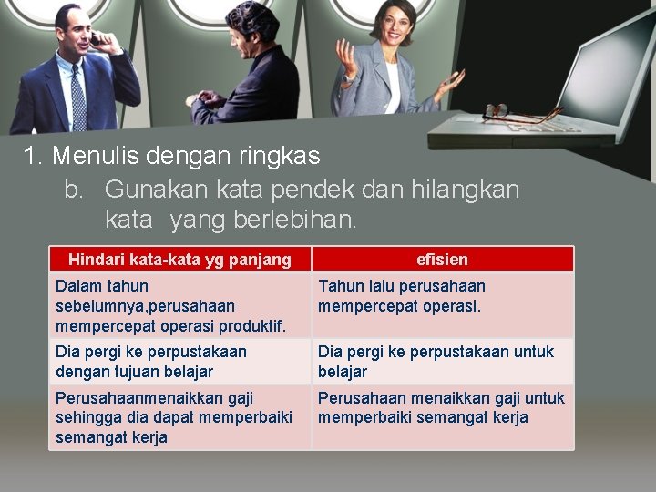 1. Menulis dengan ringkas b. Gunakan kata pendek dan hilangkan kata yang berlebihan. Hindari