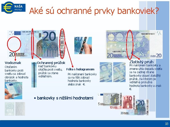 Aké sú ochranné prvky bankoviek? Vodoznak Otočením bankovky proti svetlu sa zobrazí obrázok a