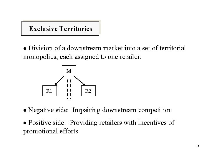 Exclusive Territories Division of a downstream market into a set of territorial monopolies, each