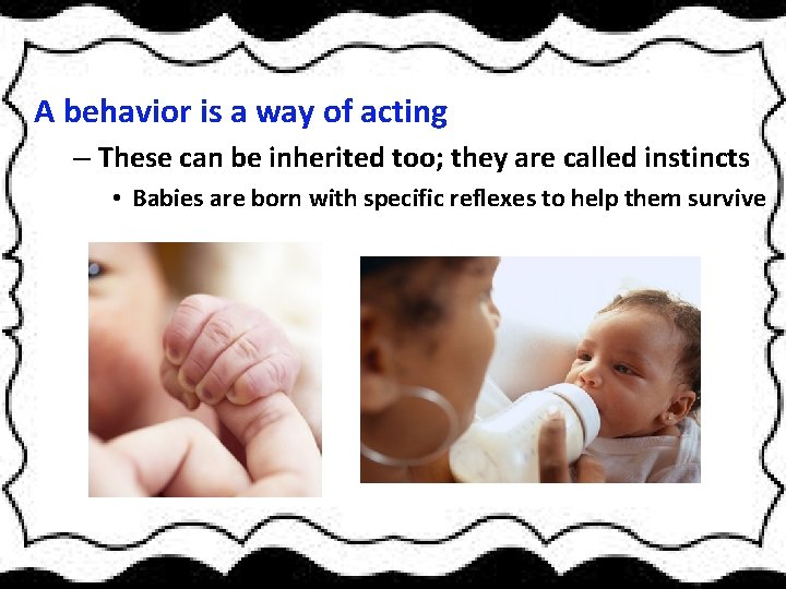A behavior is a way of acting – These can be inherited too; they