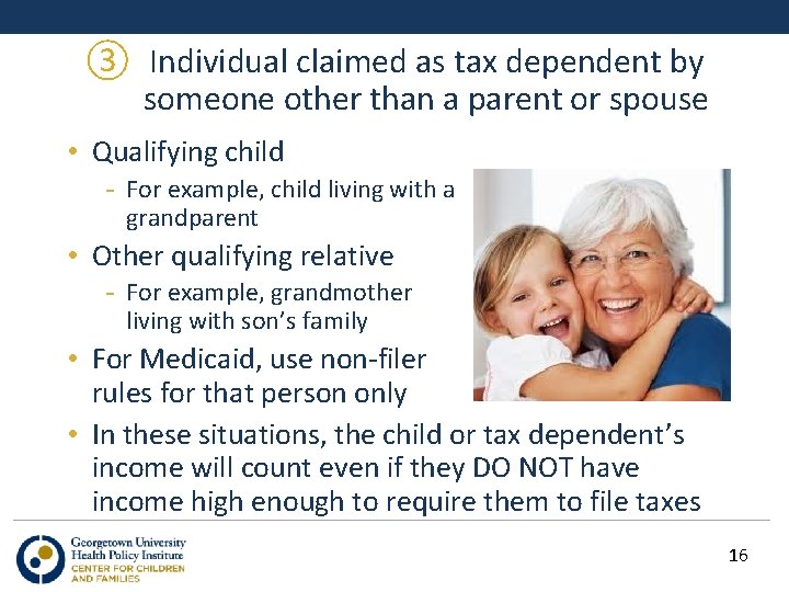 ③ Individual claimed as tax dependent by someone other than a parent or spouse