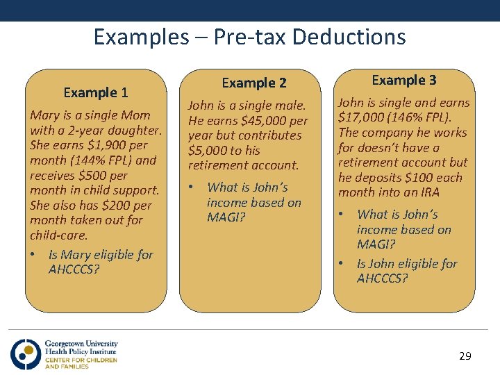 Examples – Pre-tax Deductions Example 1 Mary is a single Mom with a 2