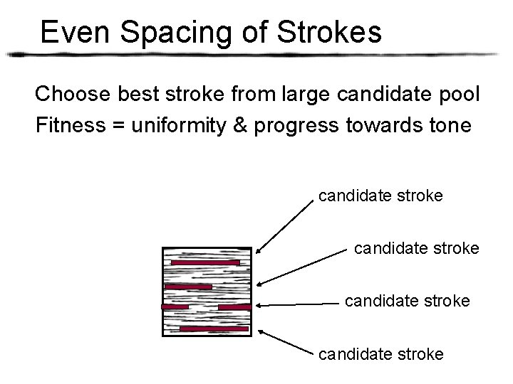 Even Spacing of Strokes Choose best stroke from large candidate pool Fitness = uniformity