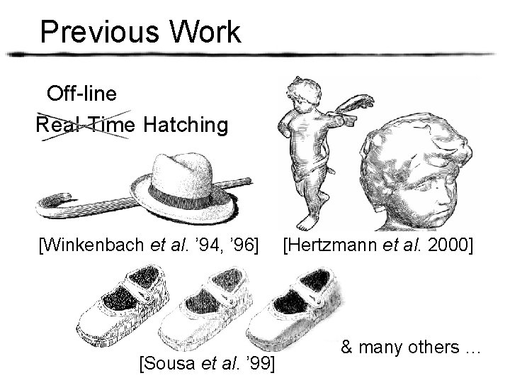 Previous Work Off-line Real-Time Hatching [Winkenbach et al. ’ 94, ’ 96] [Sousa et