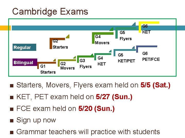 Cambridge Exams Regular Bilingual G 4 Movers G 2 Starters G 1 Starters G