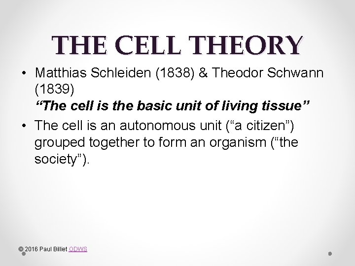 THE CELL THEORY • Matthias Schleiden (1838) & Theodor Schwann (1839) “The cell is