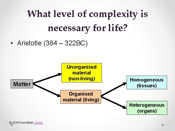 What level of complexity is necessary for life? • Aristotle (384 – 322 BC)