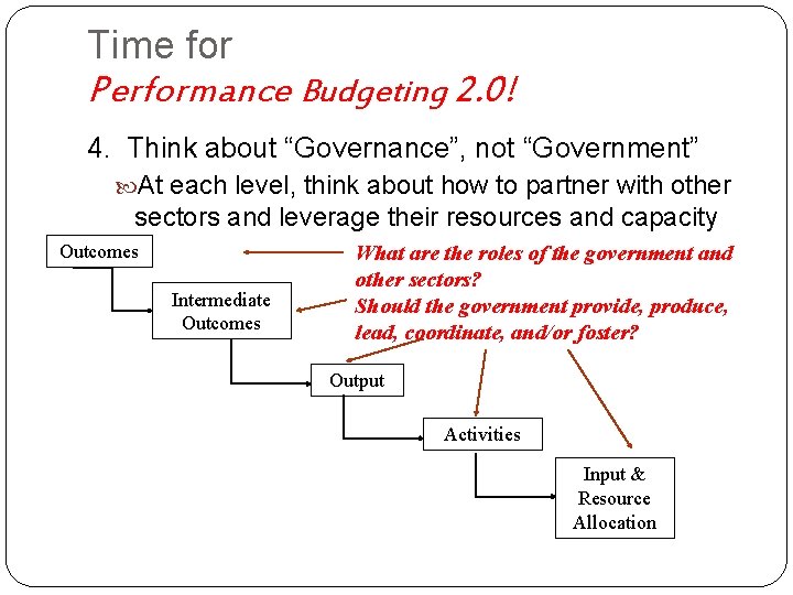 Time for Performance Budgeting 2. 0! 4. Think about “Governance”, not “Government” At each