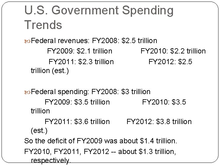 U. S. Government Spending Trends Federal revenues: FY 2008: $2. 5 trillion FY 2009: