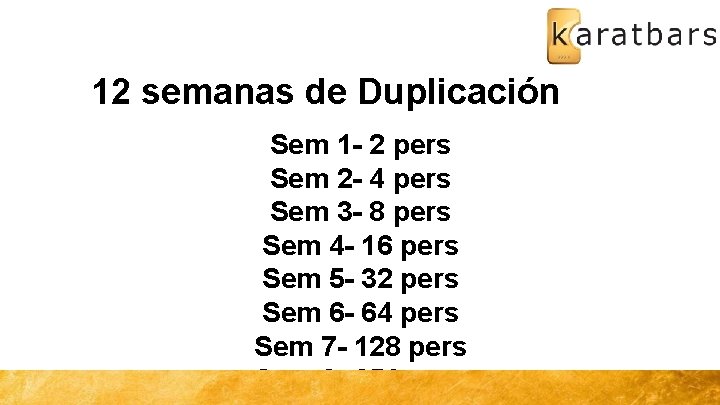 12 semanas de Duplicación Sem 1 - 2 pers Sem 2 - 4 pers