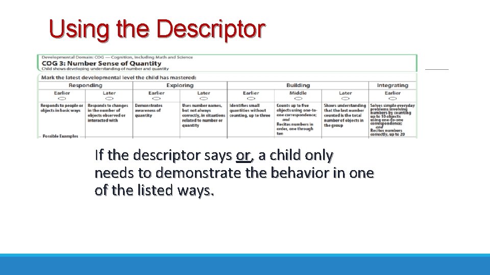 Using the Descriptor If the descriptor says or, a child only needs to demonstrate Using the Descriptor If the descriptor says or, a child only needs to demonstrate