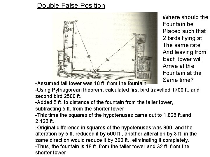 Double False Position -Assumed tall tower was 10 ft. from the fountain Where should