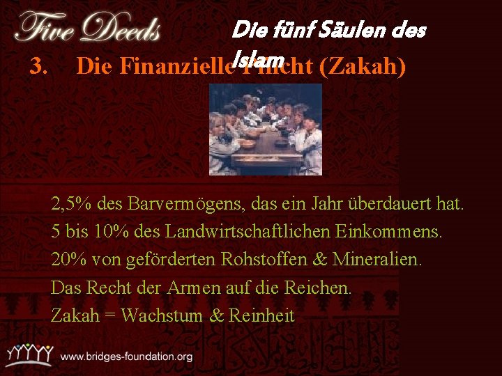 3. Die fünf Säulen des Die Finanzielle. Islam Pflicht (Zakah) 2, 5% des Barvermögens,