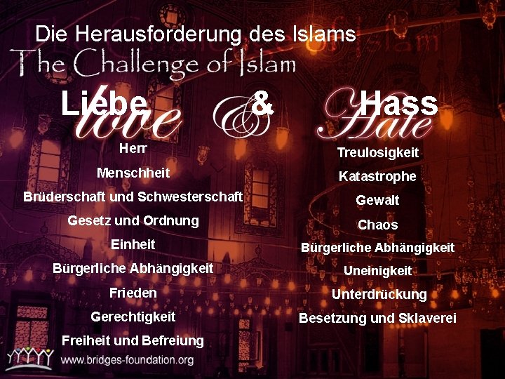 Die Herausforderung des Islams Liebe & Hass Herr Treulosigkeit Menschheit Katastrophe Brüderschaft und Schwesterschaft