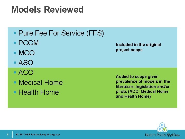 Models Reviewed § Pure Fee For Service (FFS) § PCCM § MCO § ASO