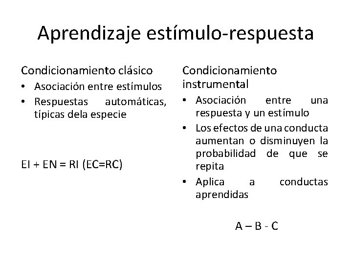 Aprendizaje estímulo-respuesta Condicionamiento clásico • Asociación entre estímulos • Respuestas automáticas, típicas dela especie