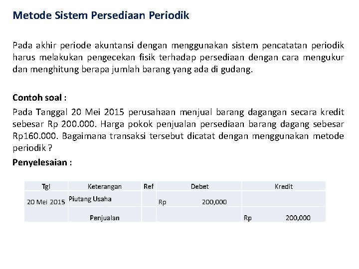 Metode Sistem Persediaan Periodik Pada akhir periode akuntansi dengan menggunakan sistem pencatatan periodik harus