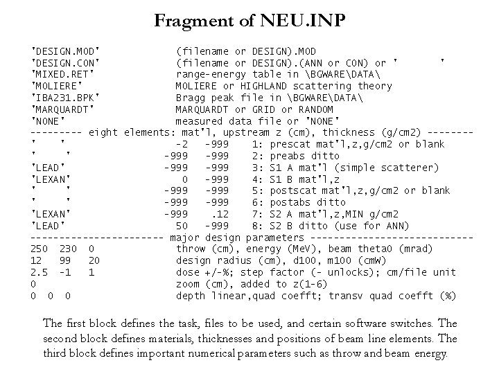 Fragment of NEU. INP 'DESIGN. MOD' (filename or DESIGN). MOD 'DESIGN. CON' (filename or