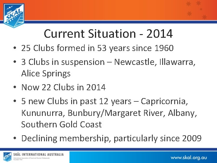 Current Situation - 2014 • 25 Clubs formed in 53 years since 1960 •