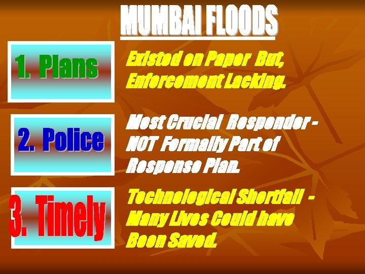 Existed on Paper But, Enforcement Lacking. Most Crucial Responder NOT Formally Part of Response
