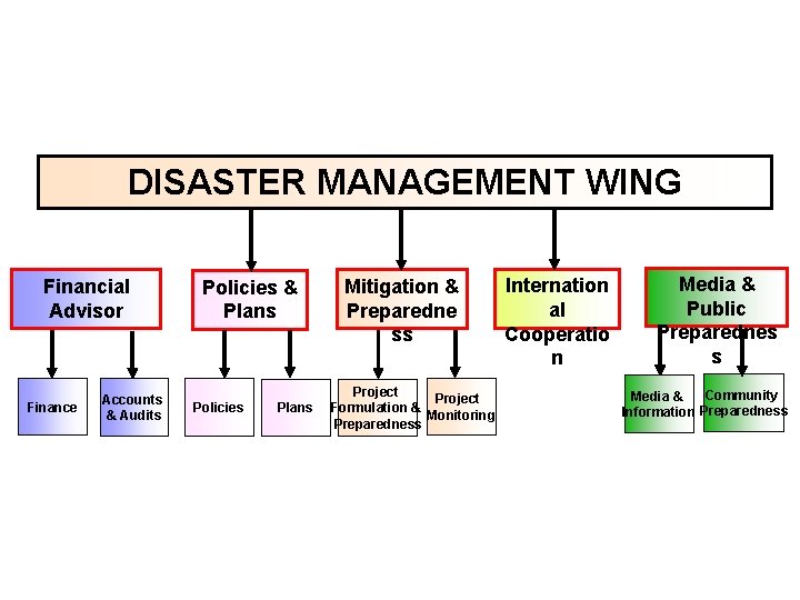 DISASTER MANAGEMENT WING Financial Advisor Finance Accounts & Audits Policies & Plans Policies Plans