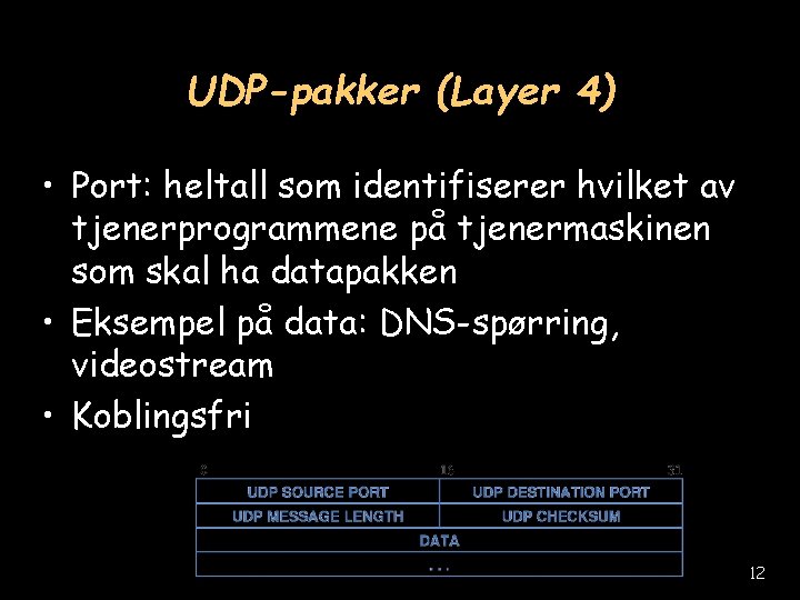 UDP-pakker (Layer 4) • Port: heltall som identifiserer hvilket av tjenerprogrammene på tjenermaskinen som
