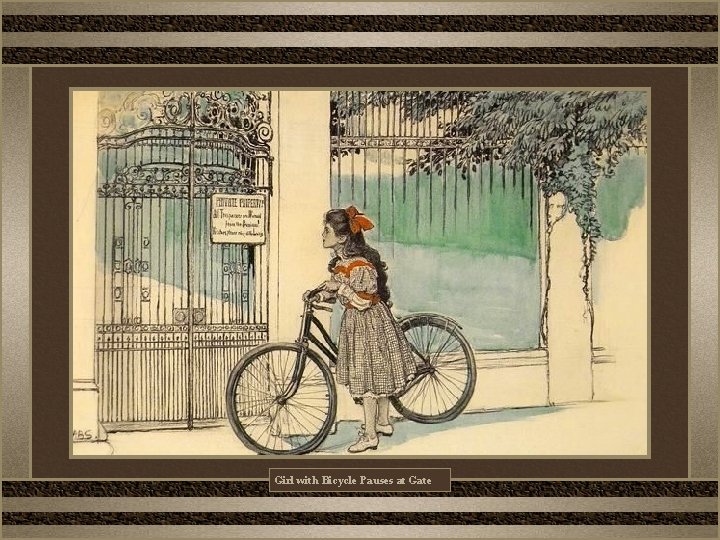 Girl with Bicycle Pauses at Gate 