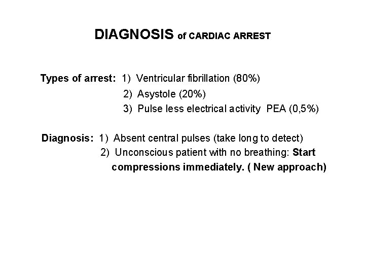 DIAGNOSIS of CARDIAC ARREST Types of arrest: 1) Ventricular fibrillation (80%) 2) Asystole (20%)