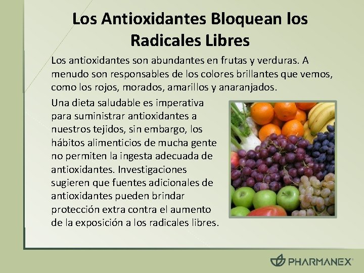 Los Antioxidantes Bloquean los Radicales Libres Los antioxidantes son abundantes en frutas y verduras.