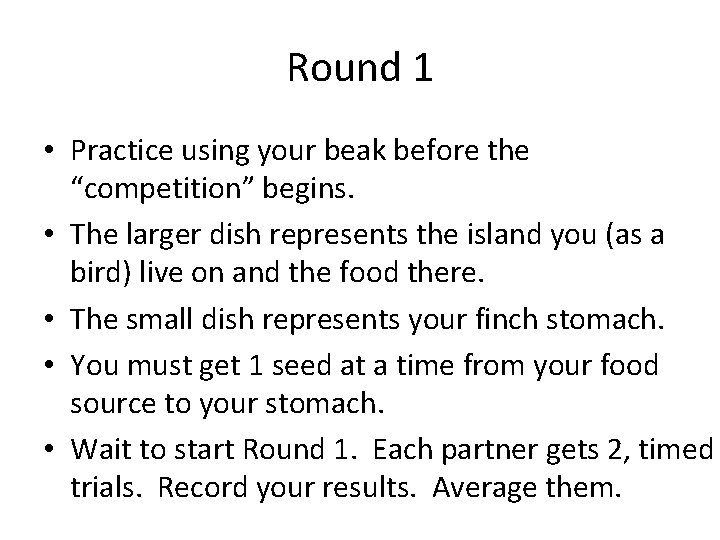 Round 1 • Practice using your beak before the “competition” begins. • The larger