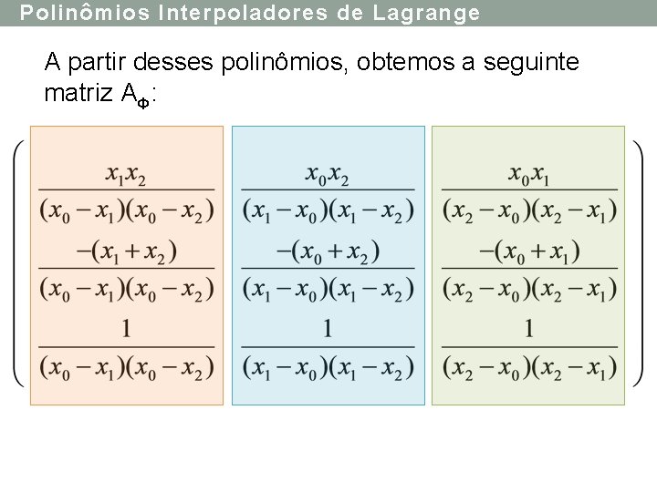 Polinômios Interpoladores de Lagrange A partir desses polinômios, obtemos a seguinte matriz AΦ: 