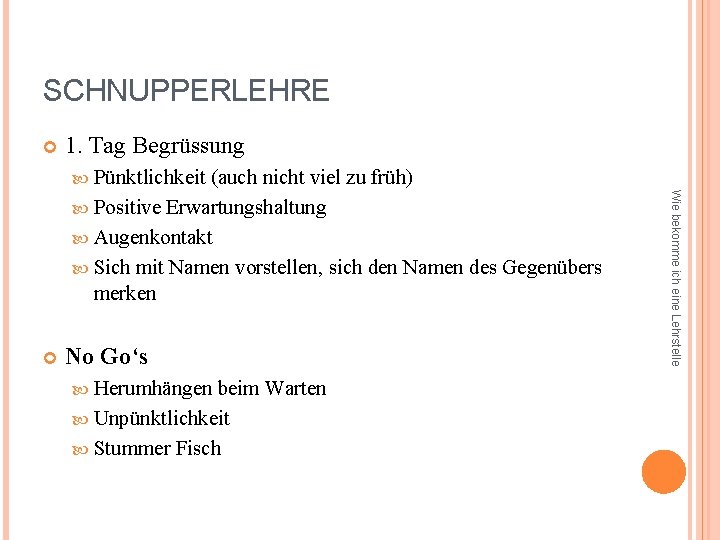 SCHNUPPERLEHRE 1. Tag Begrüssung Pünktlichkeit No Go‘s Herumhängen beim Warten Unpünktlichkeit Stummer Fisch Wie