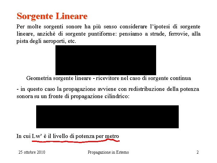 Sorgente Lineare Per molte sorgenti sonore ha più senso considerare l’ipotesi di sorgente lineare,