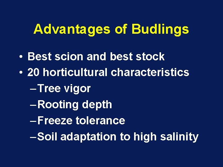 Advantages of Budlings • Best scion and best stock • 20 horticultural characteristics – Advantages of Budlings • Best scion and best stock • 20 horticultural characteristics –