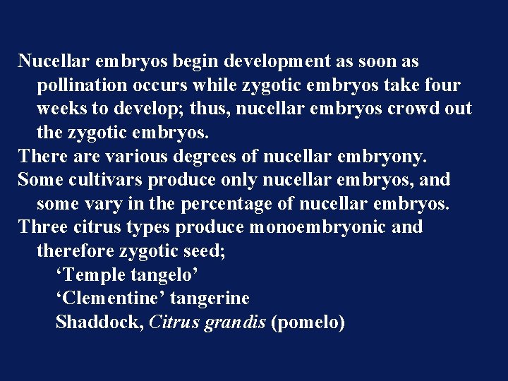 Nucellar embryos begin development as soon as pollination occurs while zygotic embryos take four Nucellar embryos begin development as soon as pollination occurs while zygotic embryos take four
