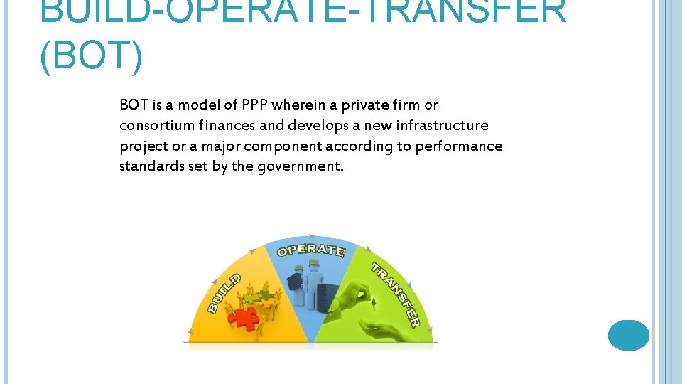 BUILD-OPERATE-TRANSFER (BOT) BOT is a model of PPP wherein a private firm or consortium