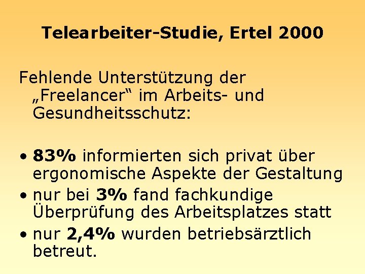 Telearbeiter-Studie, Ertel 2000 Fehlende Unterstützung der „Freelancer“ im Arbeits- und Gesundheitsschutz: • 83% informierten