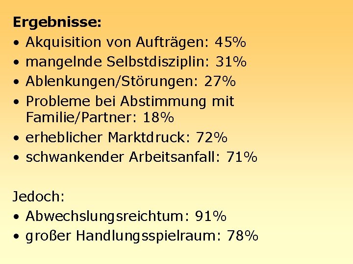 Ergebnisse: • Akquisition von Aufträgen: 45% • mangelnde Selbstdisziplin: 31% • Ablenkungen/Störungen: 27% •