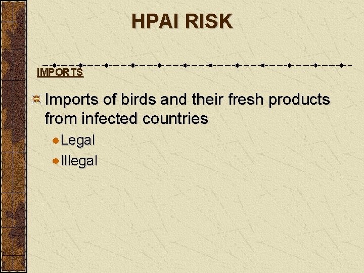 HPAI RISK IMPORTS Imports of birds and their fresh products from infected countries Legal