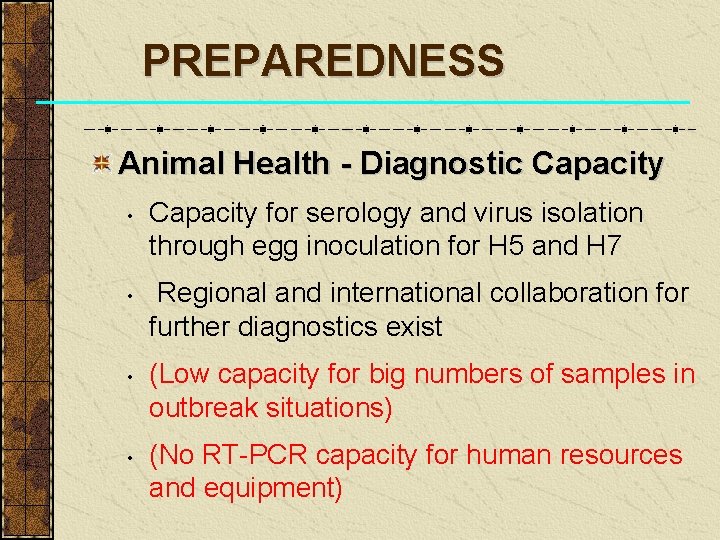 PREPAREDNESS Animal Health - Diagnostic Capacity • • Capacity for serology and virus isolation
